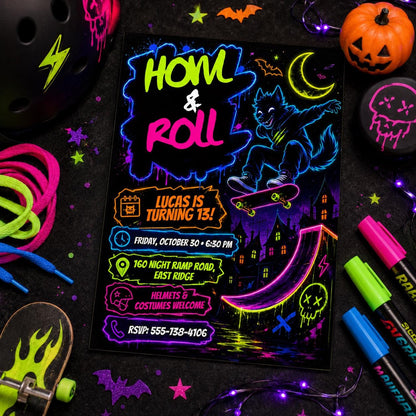 Neon Skateboard Halloween Birthday Invitation, Werewolf Skate Party Invite, Spooky Teen Birthday, Editable Canva Template