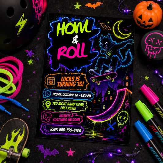 Neon Skateboard Halloween Birthday Invitation, Werewolf Skate Party Invite, Spooky Teen Birthday, Editable Canva Template
