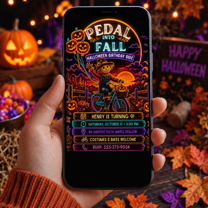 Halloween Bike Ride Birthday Invitation, Fall Pumpkin Cycling Party Invite, Scarecrow Kids Birthday, Editable Canva Template