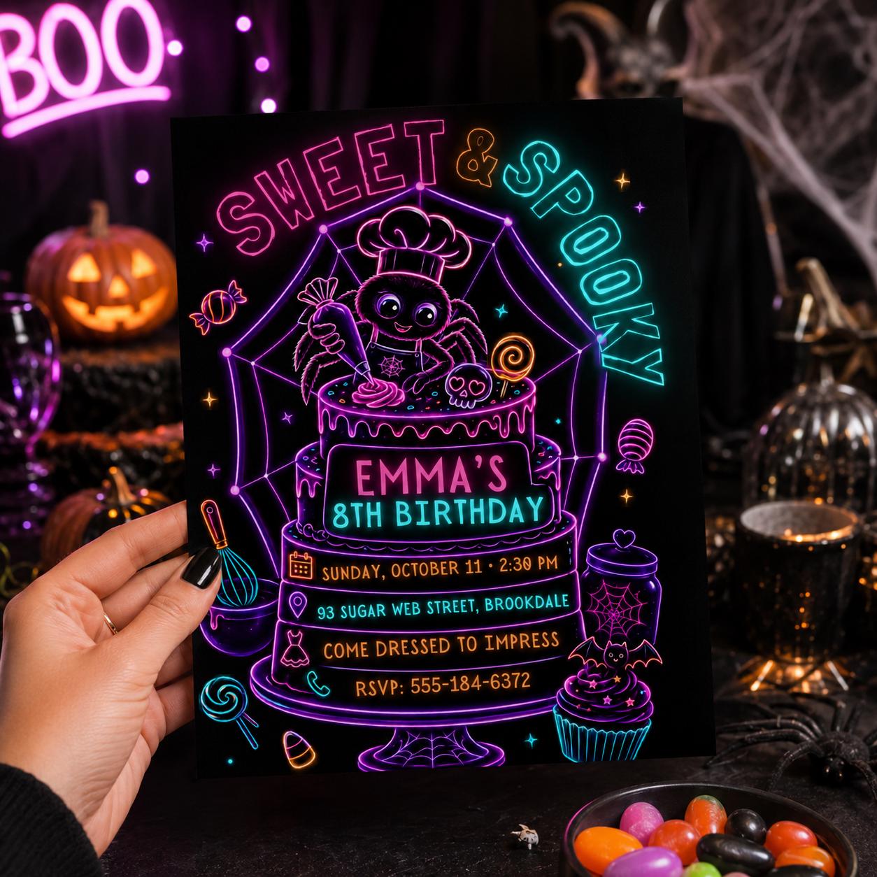 Neon Spider Halloween Birthday Invitation, Spooky Baking Party Invite, Cute Spider Cake Party, Editable Canva Template