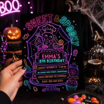 Neon Spider Halloween Birthday Invitation, Spooky Baking Party Invite, Cute Spider Cake Party, Editable Canva Template
