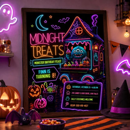 Neon Monster Halloween Birthday Invitation, Spooky Treats Kids Party Invite, Colorful Monster Birthday, Editable Canva Template
