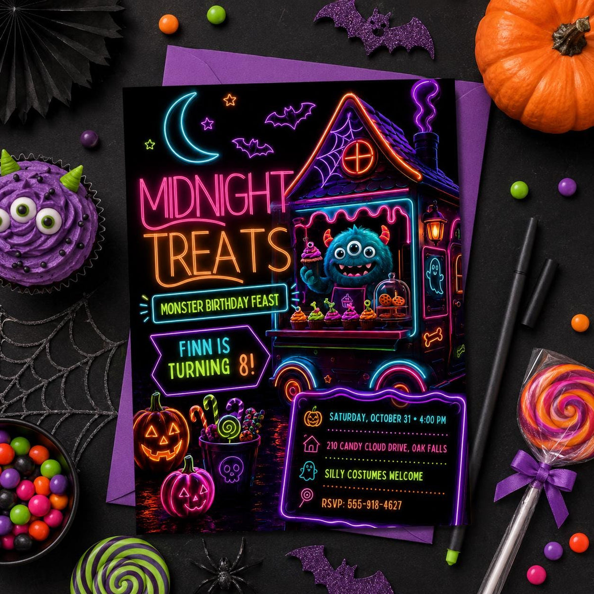 Neon Monster Halloween Birthday Invitation, Spooky Treats Kids Party Invite, Colorful Monster Birthday, Editable Canva Template