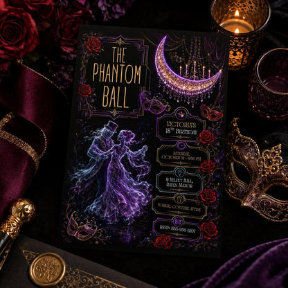 Gothic Halloween Birthday Invitation, Haunted Masquerade Party Invite, Elegant Ghost Dance Birthday, Editable Canva Template