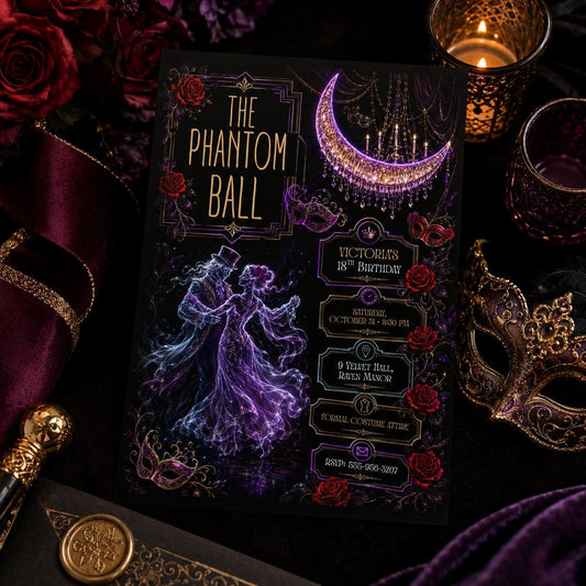 Gothic Halloween Birthday Invitation, Haunted Masquerade Party Invite, Elegant Ghost Dance Birthday, Editable Canva Template