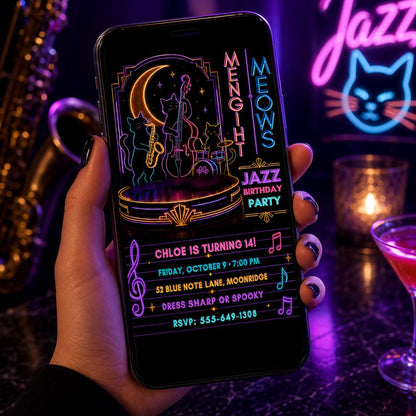 Neon Jazz Birthday Invitation, Black Cat Music Party Invite, Spooky Halloween Jazz Party, Editable Canva Template