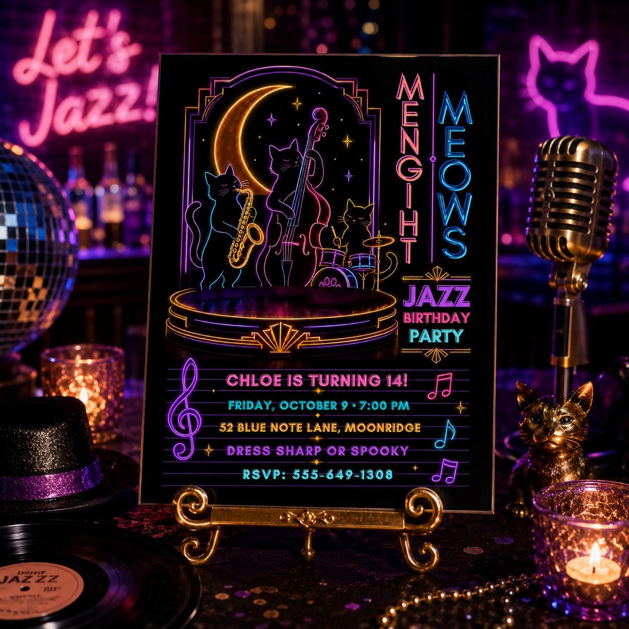 Neon Jazz Birthday Invitation, Black Cat Music Party Invite, Spooky Halloween Jazz Party, Editable Canva Template