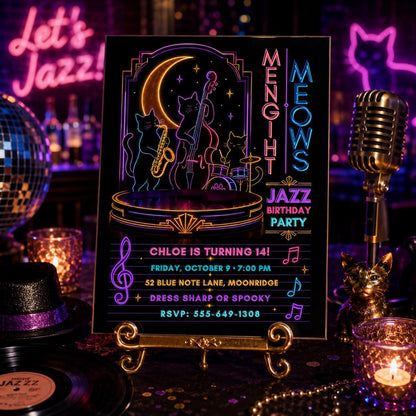 Neon Jazz Birthday Invitation, Black Cat Music Party Invite, Spooky Halloween Jazz Party, Editable Canva Template