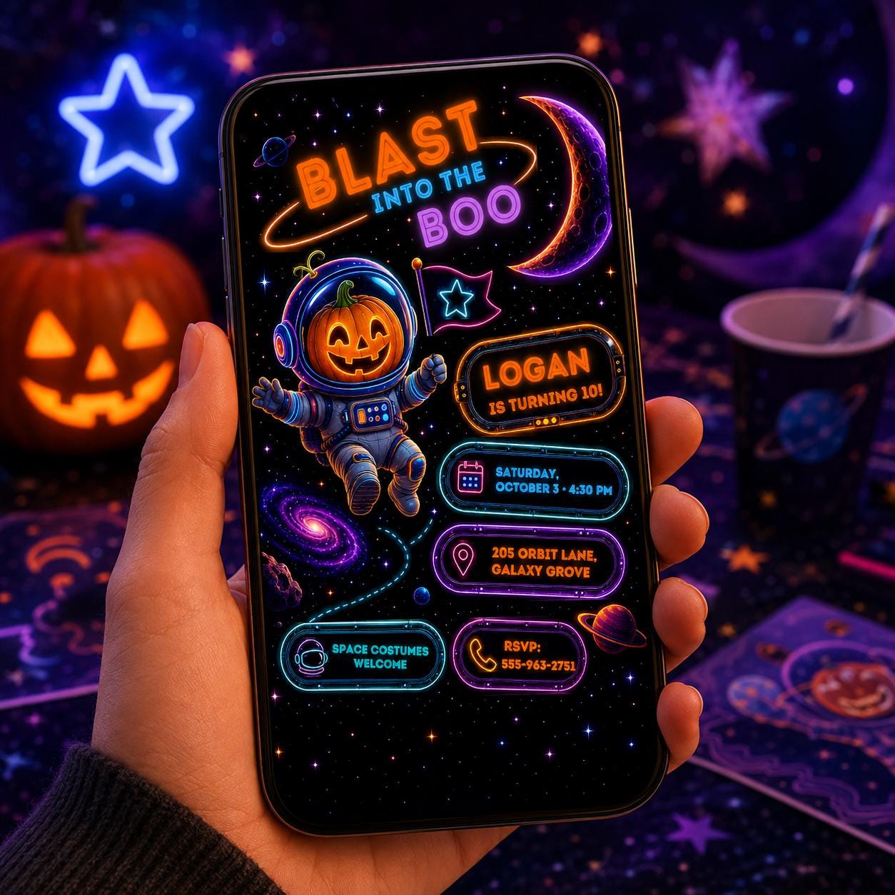 Space Halloween Birthday Invitation, Astronaut Pumpkin Birthday Party Invite, Galaxy Kids Halloween, Editable Canva Template