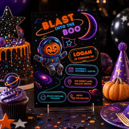 Space Halloween Birthday Invitation, Astronaut Pumpkin Birthday Party Invite, Galaxy Kids Halloween, Editable Canva Template