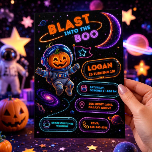 Space Halloween Birthday Invitation, Astronaut Pumpkin Birthday Party Invite, Galaxy Kids Halloween, Editable Canva Template