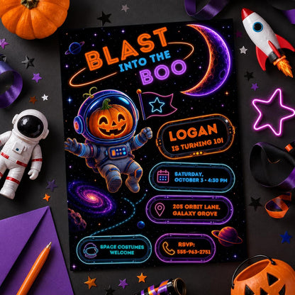 Space Halloween Birthday Invitation, Astronaut Pumpkin Birthday Party Invite, Galaxy Kids Halloween, Editable Canva Template