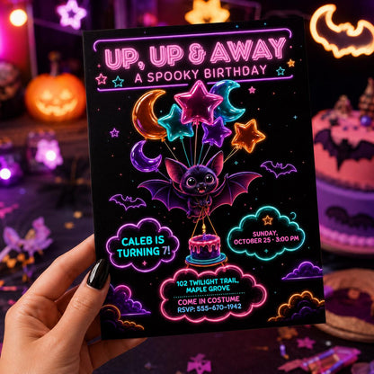 Neon Bat Halloween Birthday Invitation, Spooky Balloon Birthday Party Invite, Cute Kids Halloween Party, Editable Canva Template