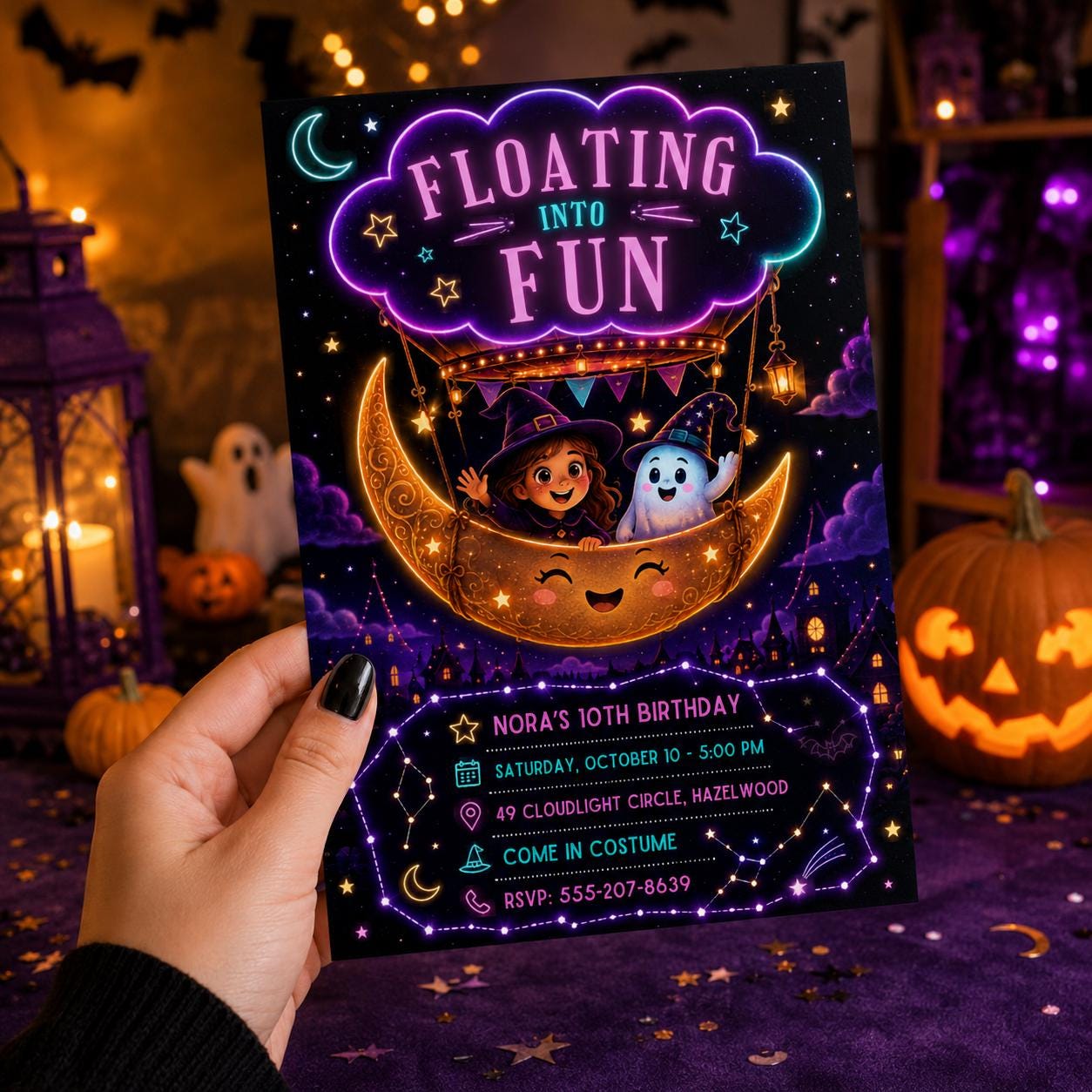Halloween Birthday Invitation, Moon Balloon Witch and Ghost Party Invite, Spooky Kids Birthday, Editable Canva Template