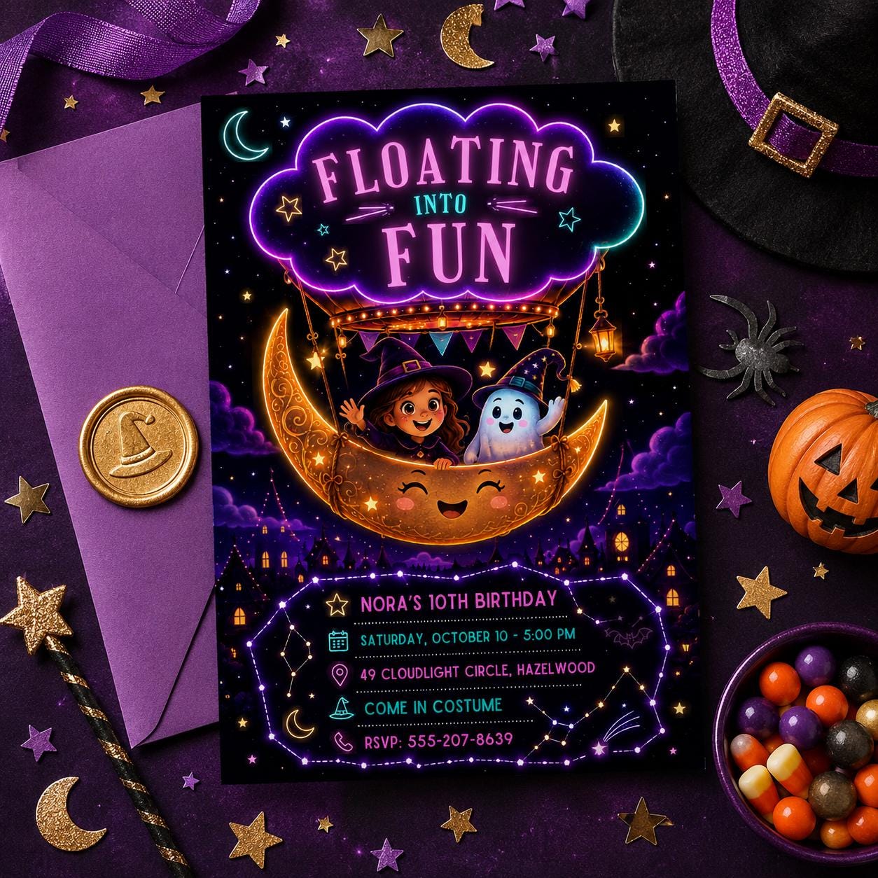 Halloween Birthday Invitation, Moon Balloon Witch and Ghost Party Invite, Spooky Kids Birthday, Editable Canva Template