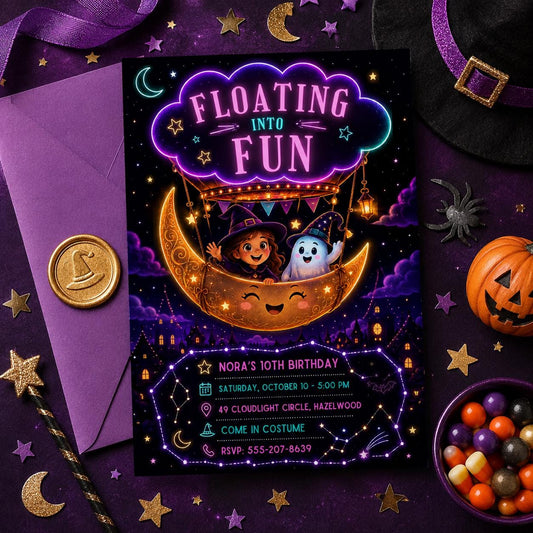 Halloween Birthday Invitation, Moon Balloon Witch and Ghost Party Invite, Spooky Kids Birthday, Editable Canva Template