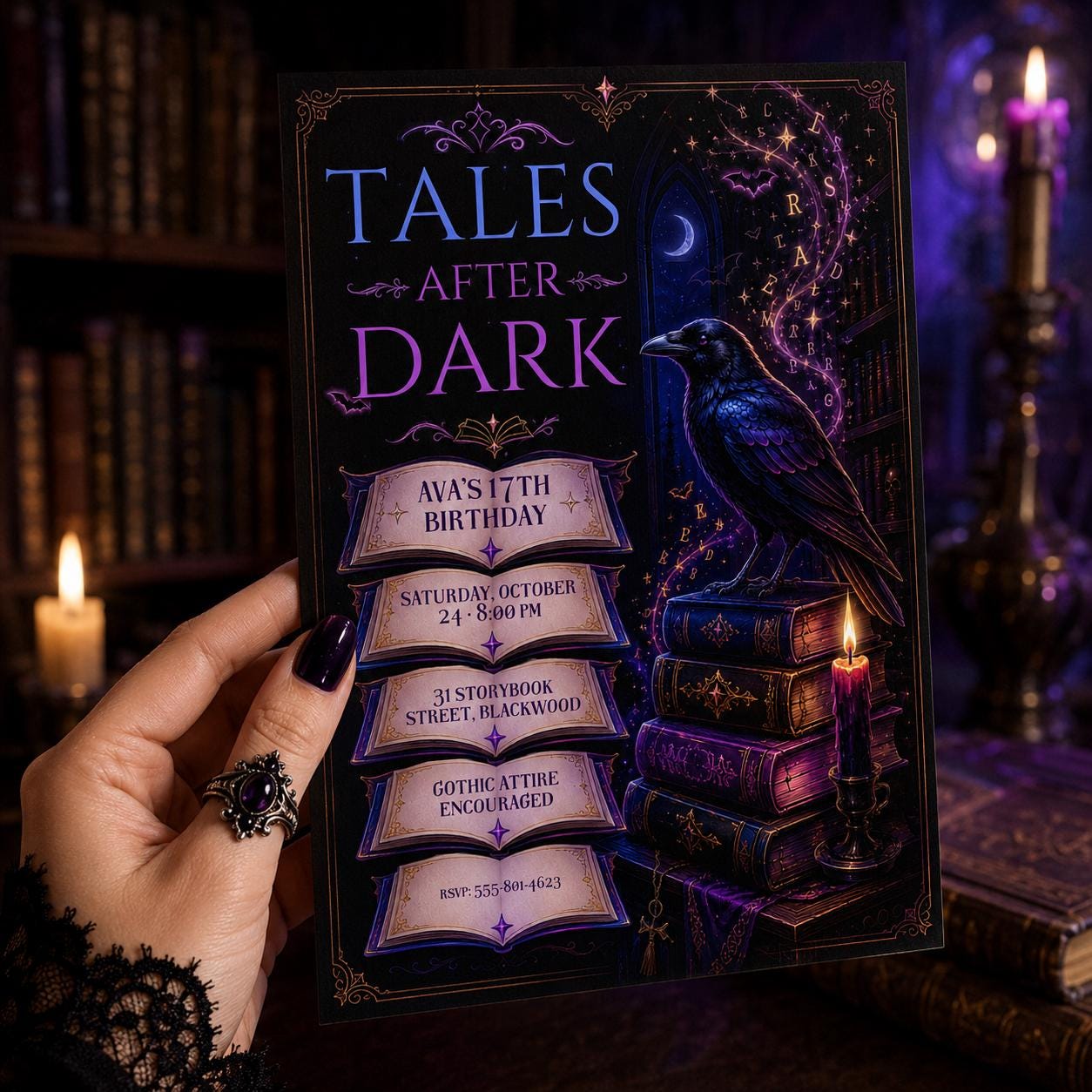 Gothic Raven Birthday Invitation, Dark Academia Birthday Party Invite, Spooky Book Lover Halloween Invite, Editable Canva Template