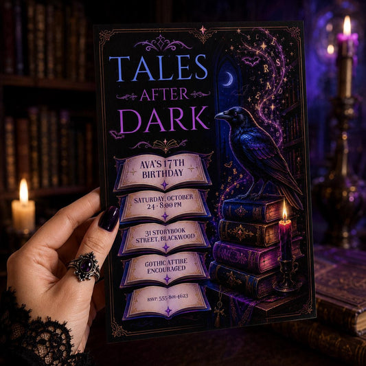 Gothic Raven Birthday Invitation, Dark Academia Birthday Party Invite, Spooky Book Lover Halloween Invite, Editable Canva Template