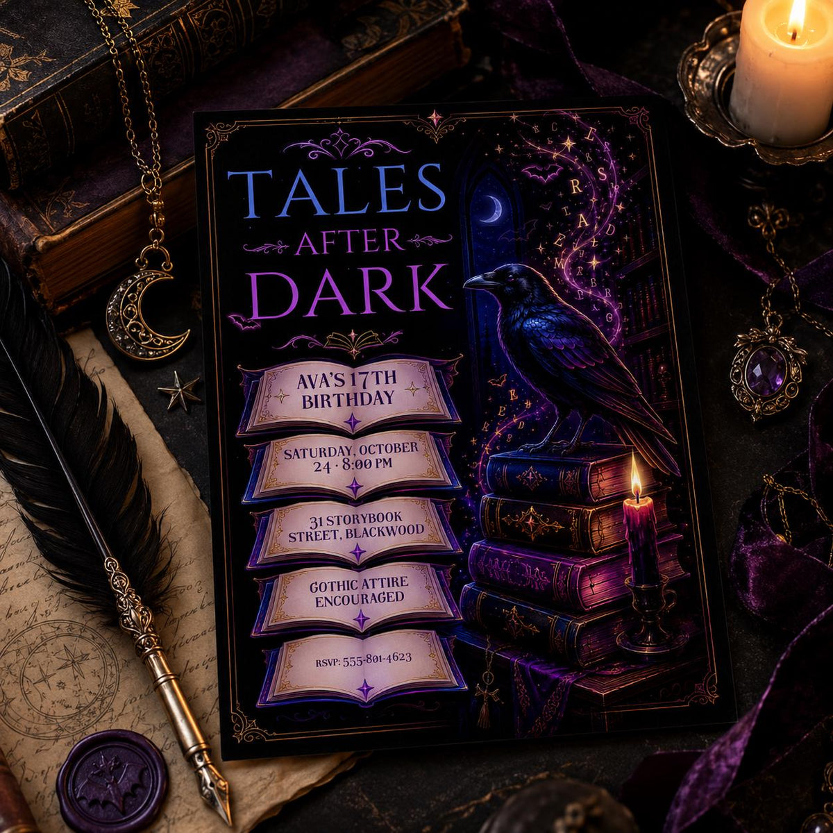 Gothic Raven Birthday Invitation, Dark Academia Birthday Party Invite, Spooky Book Lover Halloween Invite, Editable Canva Template