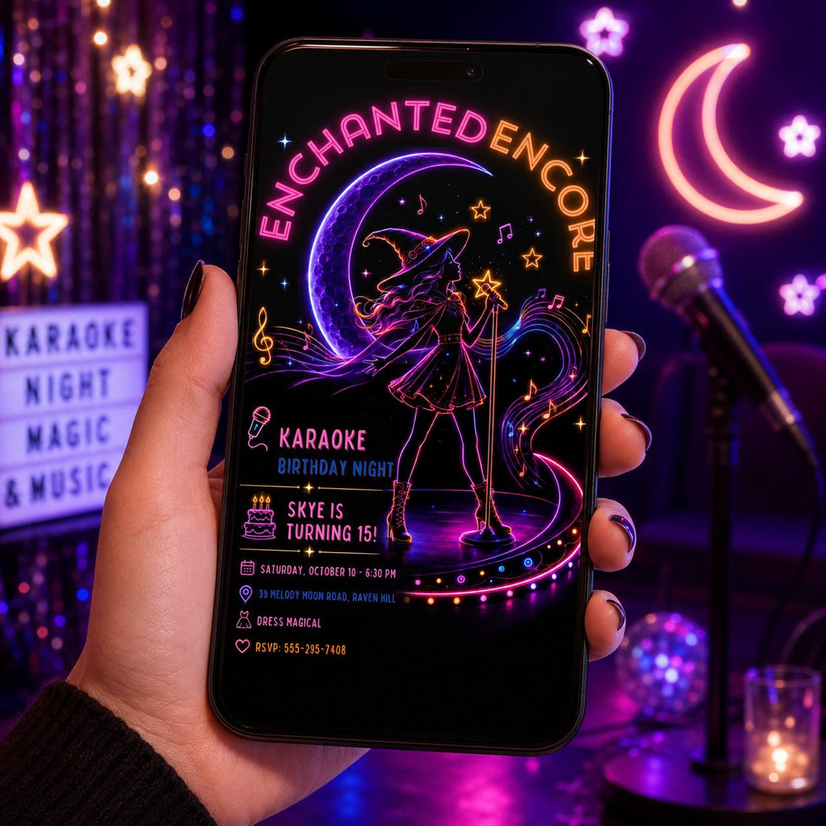 Neon Witch Karaoke Birthday Invitation, Halloween Music Party Invite, Spooky Teen Birthday, Editable Canva Template
