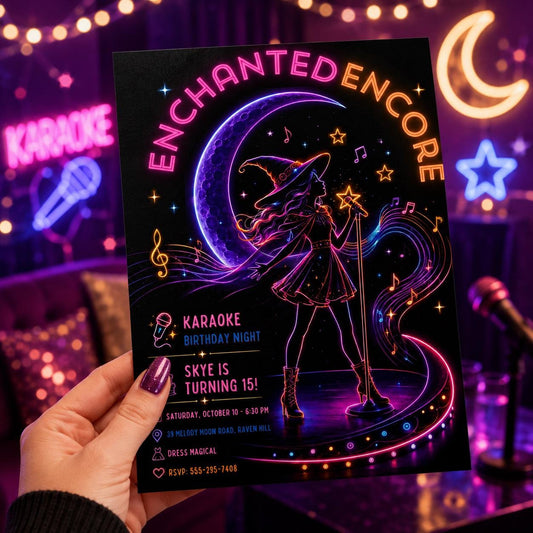 Neon Witch Karaoke Birthday Invitation, Halloween Music Party Invite, Spooky Teen Birthday, Editable Canva Template