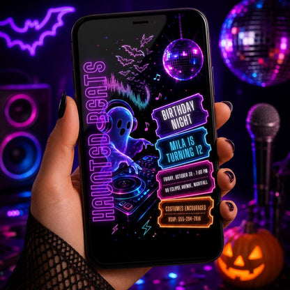 Neon Ghost DJ Halloween Birthday Invitation, Disco Music Party Invite, Spooky Kids Birthday, Editable Canva Template