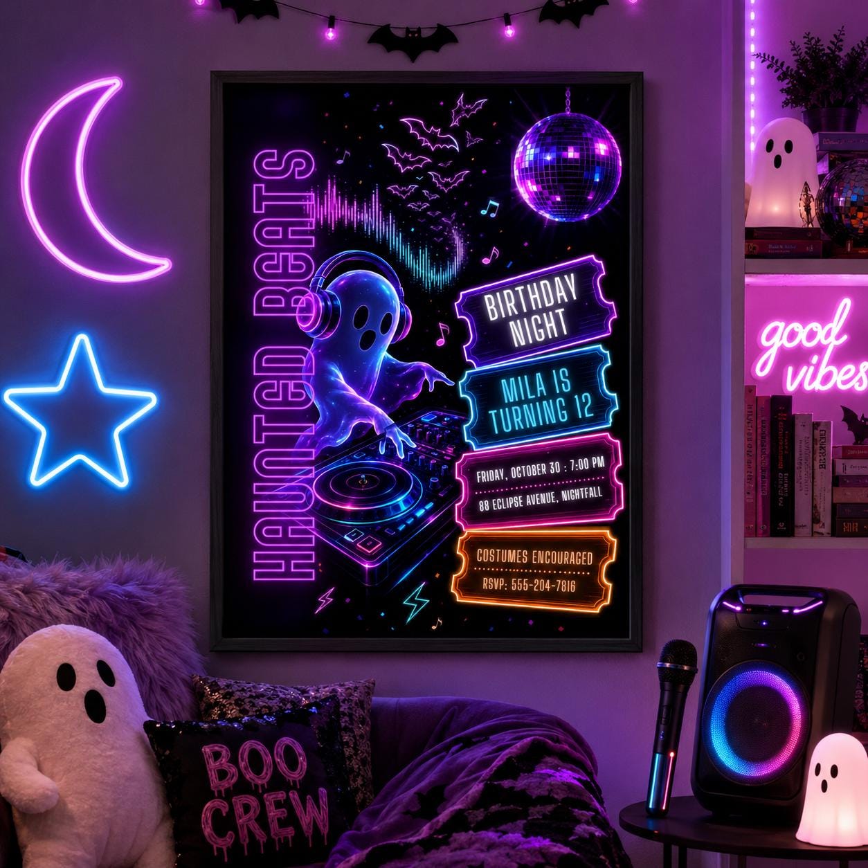Neon Ghost DJ Halloween Birthday Invitation, Disco Music Party Invite, Spooky Kids Birthday, Editable Canva Template