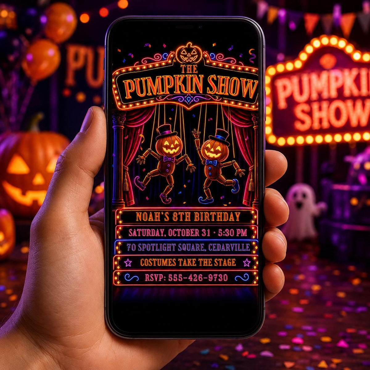 Neon Pumpkin Halloween Birthday Invitation, Pumpkin Show Party Invite, Spooky Theater Kids Birthday, Editable Canva Template