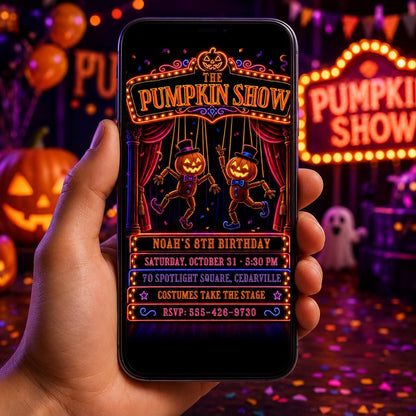 Neon Pumpkin Halloween Birthday Invitation, Pumpkin Show Party Invite, Spooky Theater Kids Birthday, Editable Canva Template