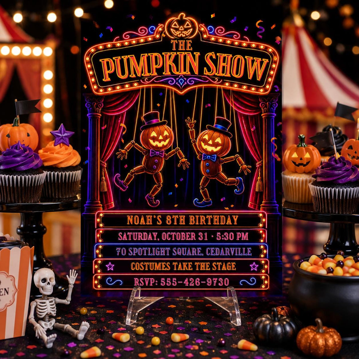 Neon Pumpkin Halloween Birthday Invitation, Pumpkin Show Party Invite, Spooky Theater Kids Birthday, Editable Canva Template