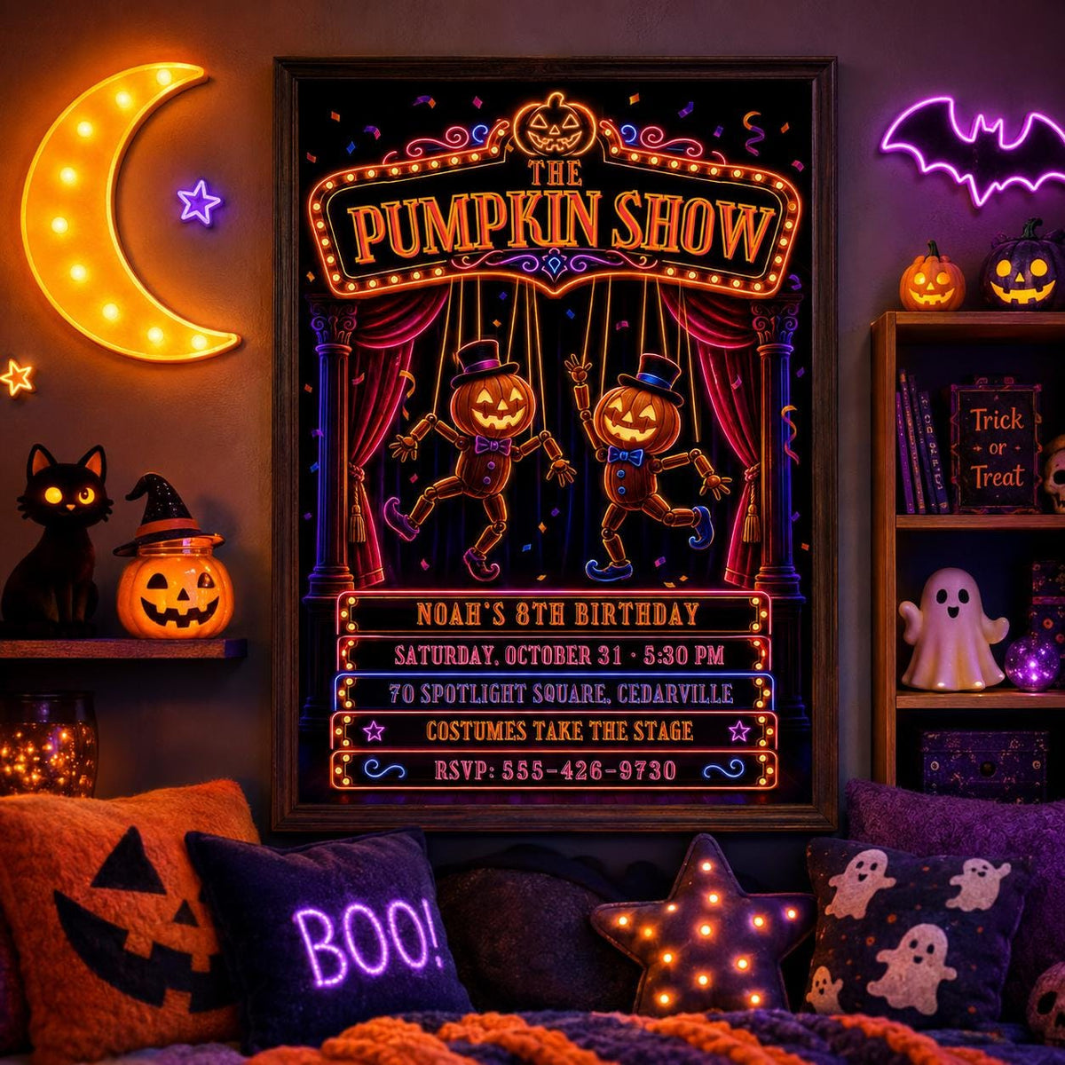 Neon Pumpkin Halloween Birthday Invitation, Pumpkin Show Party Invite, Spooky Theater Kids Birthday, Editable Canva Template