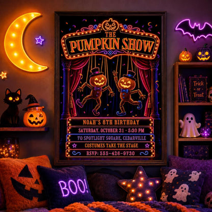 Neon Pumpkin Halloween Birthday Invitation, Pumpkin Show Party Invite, Spooky Theater Kids Birthday, Editable Canva Template