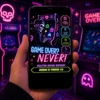 Neon Arcade Halloween Birthday Invitation, Skeleton Gaming Party Invite, Spooky Gamer Birthday, Editable Canva Template