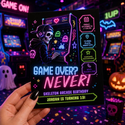 Neon Arcade Halloween Birthday Invitation, Skeleton Gaming Party Invite, Spooky Gamer Birthday, Editable Canva Template