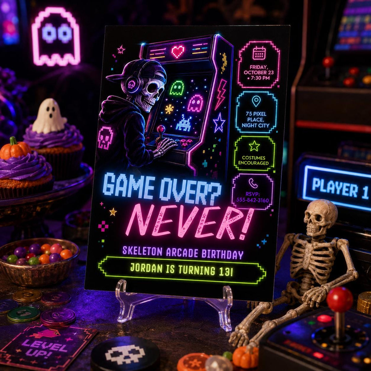 Neon Arcade Halloween Birthday Invitation, Skeleton Gaming Party Invite, Spooky Gamer Birthday, Editable Canva Template