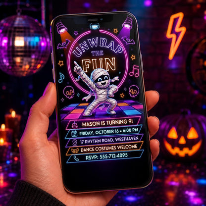 Neon Mummy Halloween Birthday Invitation, Spooky Dance Party Invite, Kids Halloween Birthday, Editable Canva Template