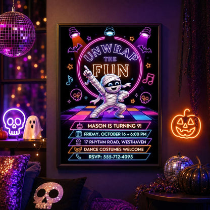 Neon Mummy Halloween Birthday Invitation, Spooky Dance Party Invite, Kids Halloween Birthday, Editable Canva Template