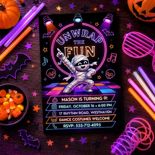 Neon Mummy Halloween Birthday Invitation, Spooky Dance Party Invite, Kids Halloween Birthday, Editable Canva Template