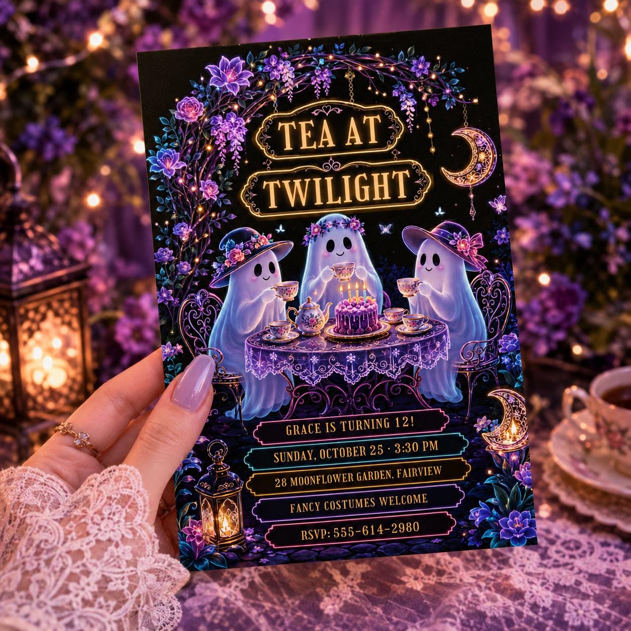 Ghost Tea Party Halloween Birthday Invitation, Spooky Tea Party Invite, Purple Floral Ghost Birthday, Editable Canva Template