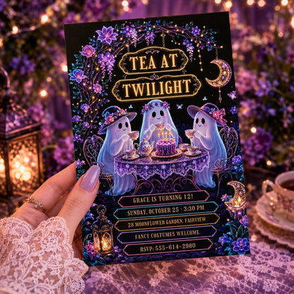 Ghost Tea Party Halloween Birthday Invitation, Spooky Tea Party Invite, Purple Floral Ghost Birthday, Editable Canva Template