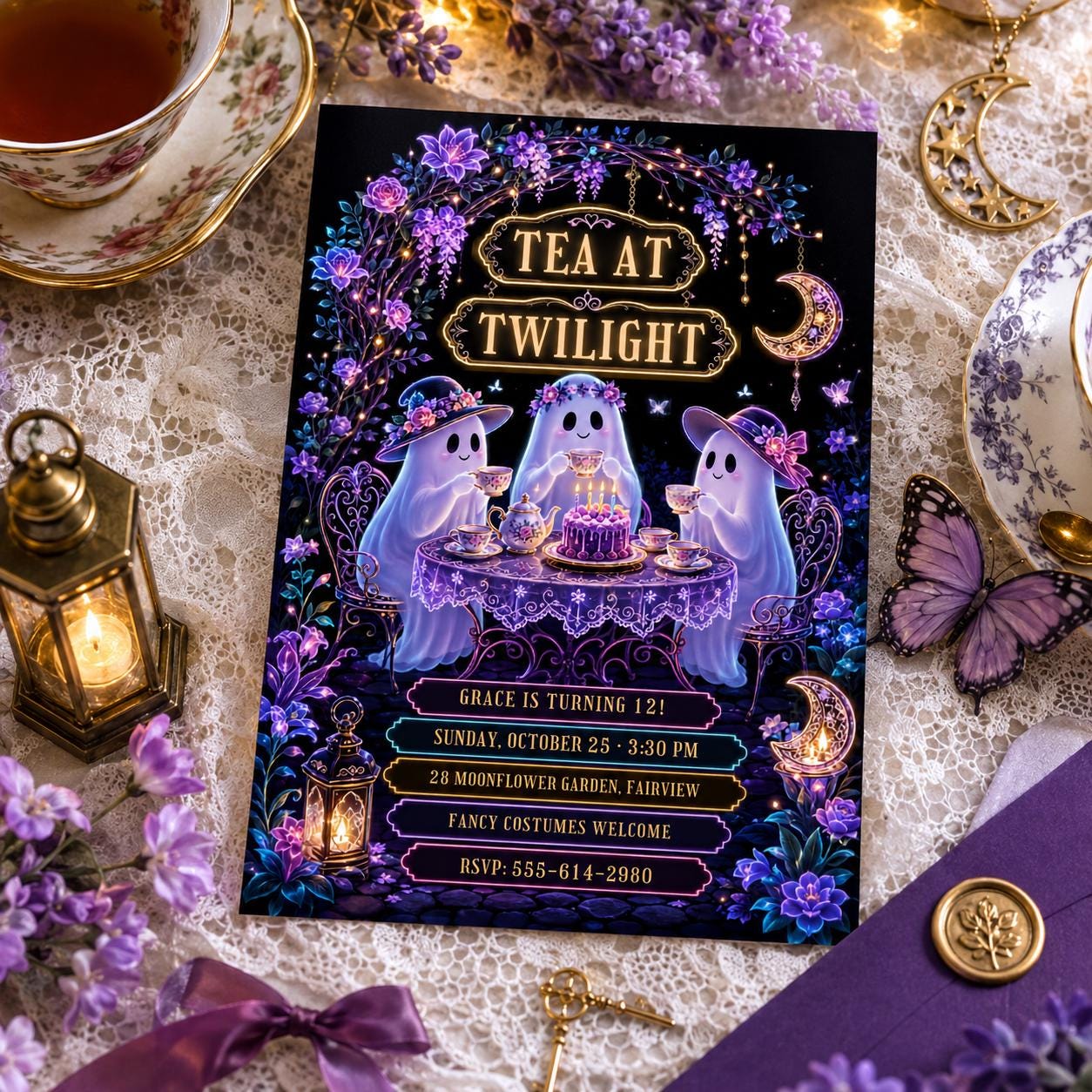 Ghost Tea Party Halloween Birthday Invitation, Spooky Tea Party Invite, Purple Floral Ghost Birthday, Editable Canva Template