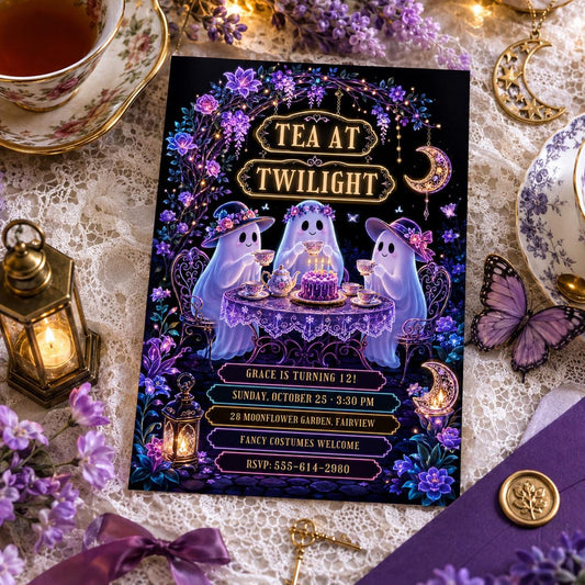 Ghost Tea Party Halloween Birthday Invitation, Spooky Tea Party Invite, Purple Floral Ghost Birthday, Editable Canva Template