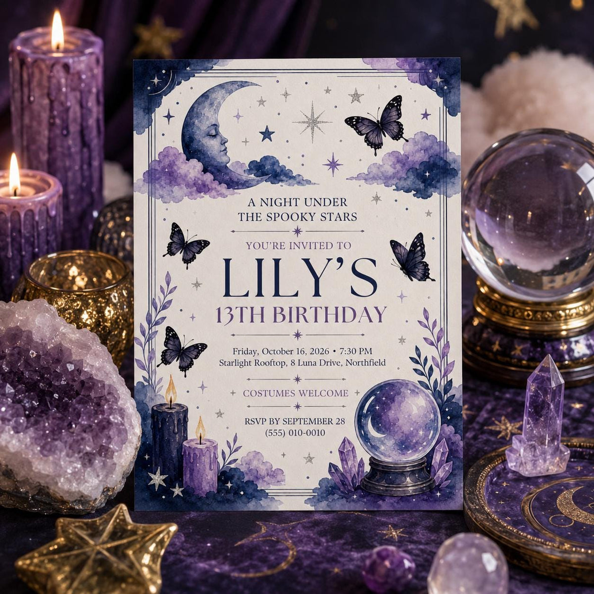 Celestial Halloween Birthday Invitation, Witchy Teen Birthday Invite, Spooky Stars Moon Butterfly Party, Editable Canva Template