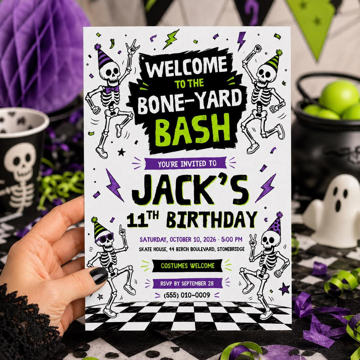 Skeleton Halloween Birthday Invitation, Spooky Birthday Party Invite, Bone Yard Bash, Kids Halloween Party, Editable Canva Template