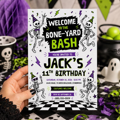 Skeleton Halloween Birthday Invitation, Spooky Birthday Party Invite, Bone Yard Bash, Kids Halloween Party, Editable Canva Template