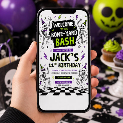 Skeleton Halloween Birthday Invitation, Spooky Birthday Party Invite, Bone Yard Bash, Kids Halloween Party, Editable Canva Template