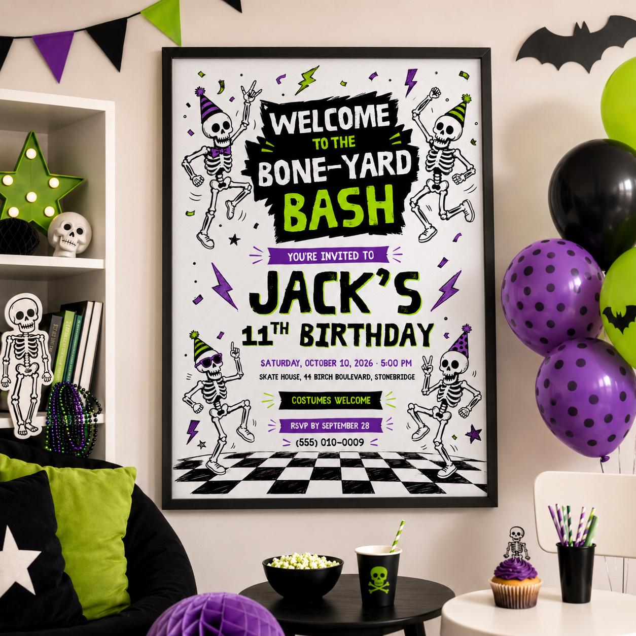 Skeleton Halloween Birthday Invitation, Spooky Birthday Party Invite, Bone Yard Bash, Kids Halloween Party, Editable Canva Template