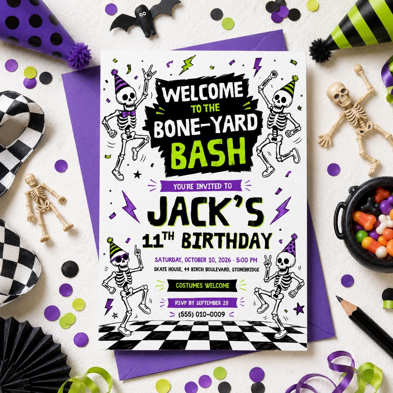 Skeleton Halloween Birthday Invitation, Spooky Birthday Party Invite, Bone Yard Bash, Kids Halloween Party, Editable Canva Template