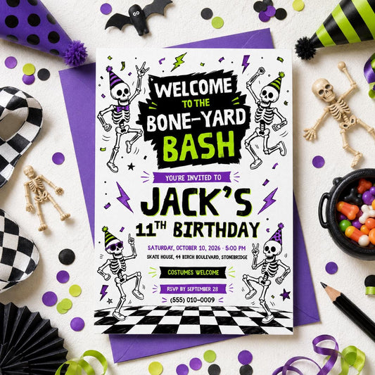 Skeleton Halloween Birthday Invitation, Spooky Birthday Party Invite, Bone Yard Bash, Kids Halloween Party, Editable Canva Template