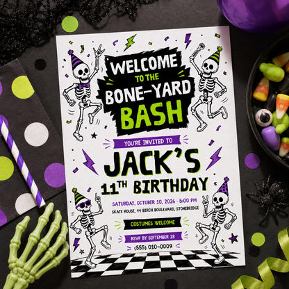 Skeleton Halloween Birthday Invitation, Spooky Birthday Party Invite, Bone Yard Bash, Kids Halloween Party, Editable Canva Template